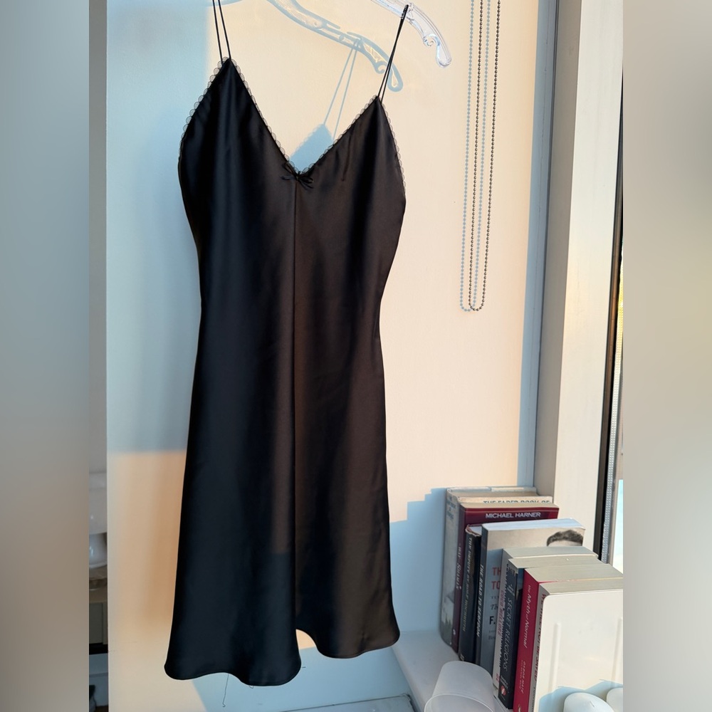 Zara Black Satin Lace-Trim Slip Dress